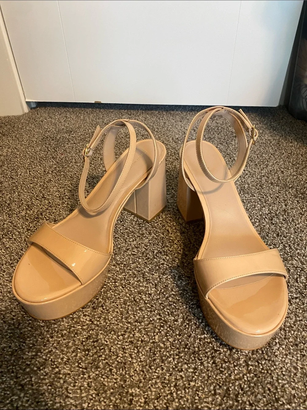 Stuart Weitzman Patent Leather Platform Sandals - Beige